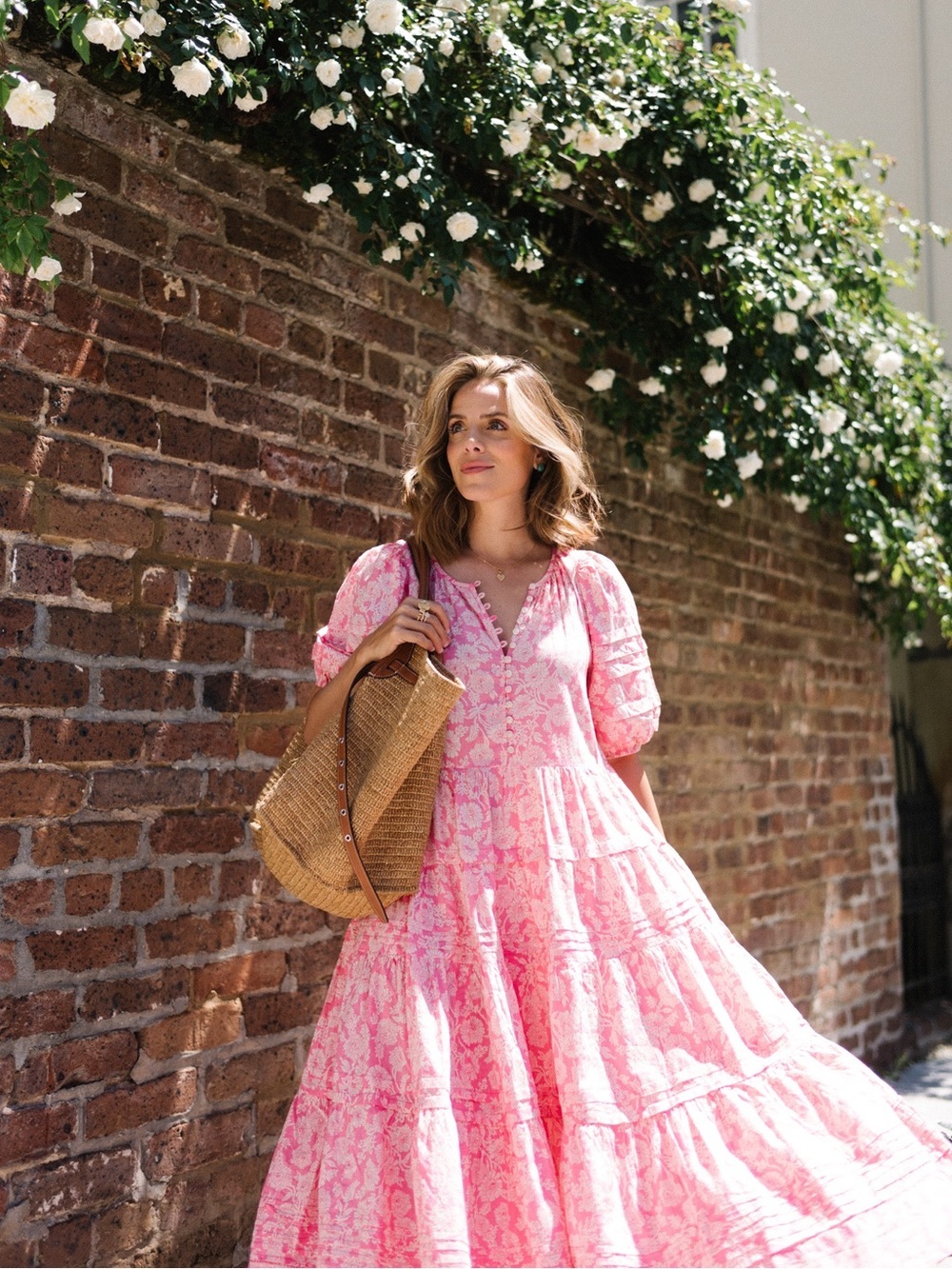 THE GREAT. Ravine dress Pink Floral Puff-Sleeve Tiered Midi Dress  size 2